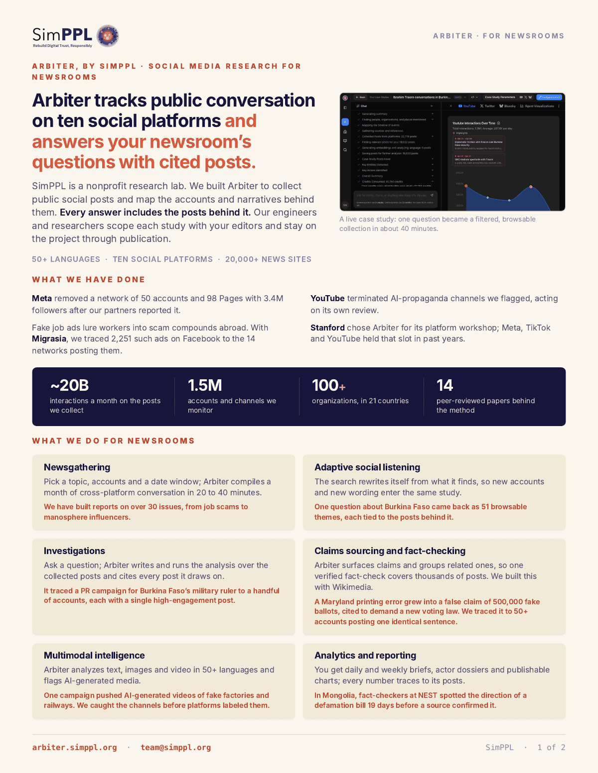 Arbiter for newsrooms brochure: what Arbiter does, what it has done, and how a project works.